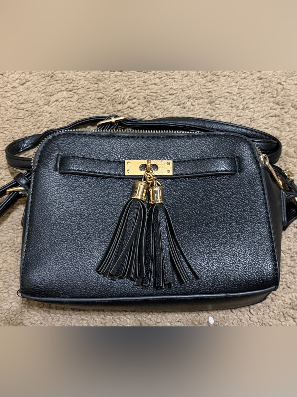 Black Leather Tassel Crossbody Bag